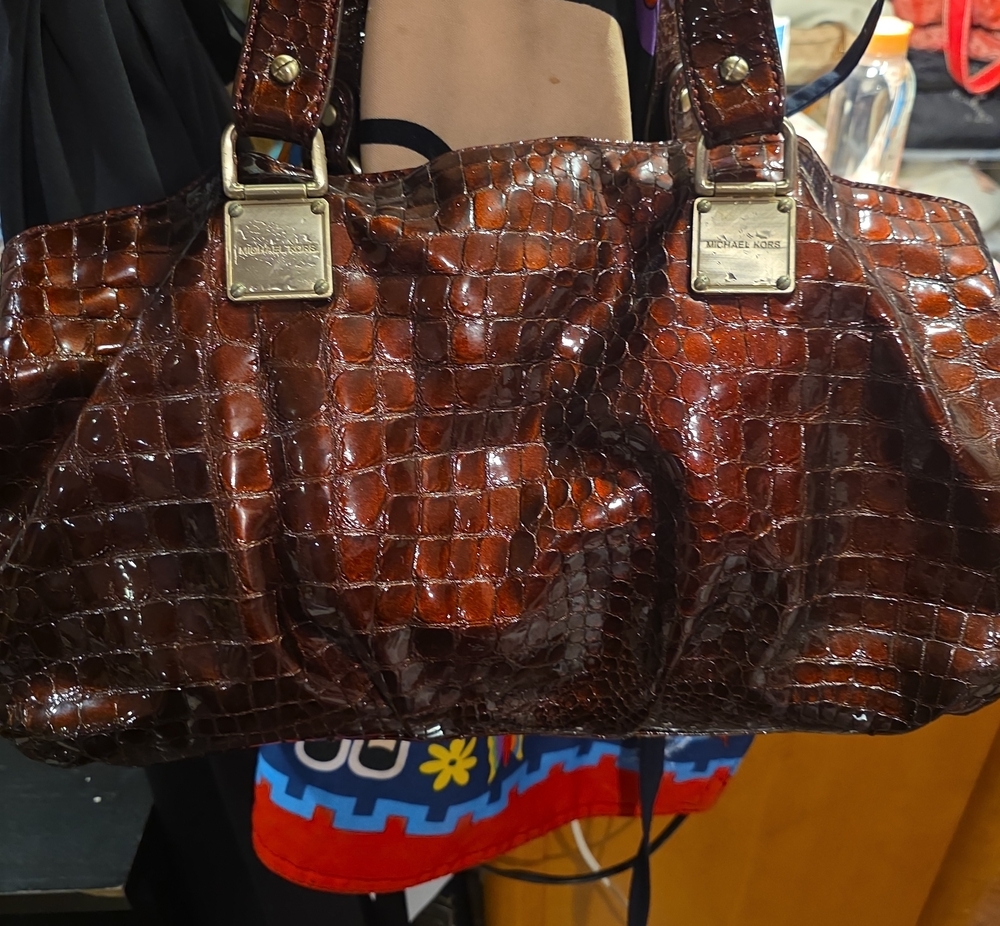 Michael Kors Glossy Brown Croc-Embossed Shoulder Bag